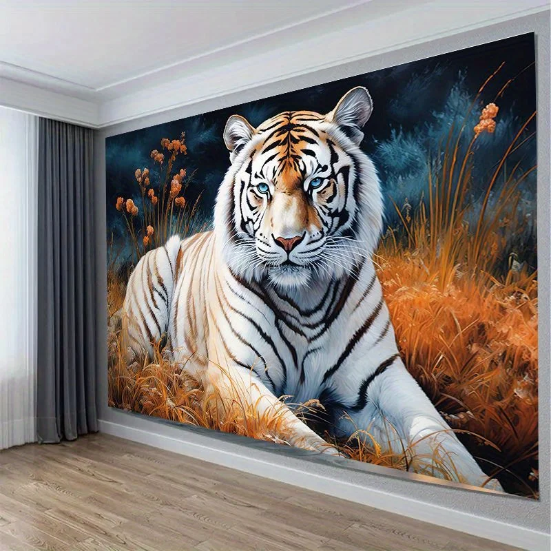 Elegant White Tiger in Golden Grassland Wall Tapestry for Living Room Decor, Featuring a Stunningly Detailed Portrait