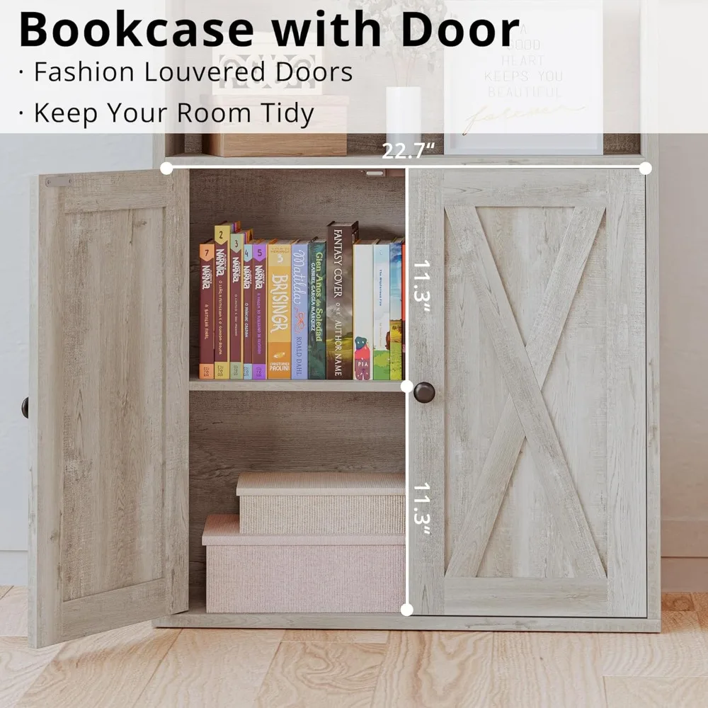 خزانة كتب بطول 70 بوصة على الطراز الصناعي مع أضواء LED، وأرفف عرض تخزين مكونة من 6 أرفف مع أبواب، ورف كتب من الأرض إلى السقف f #6