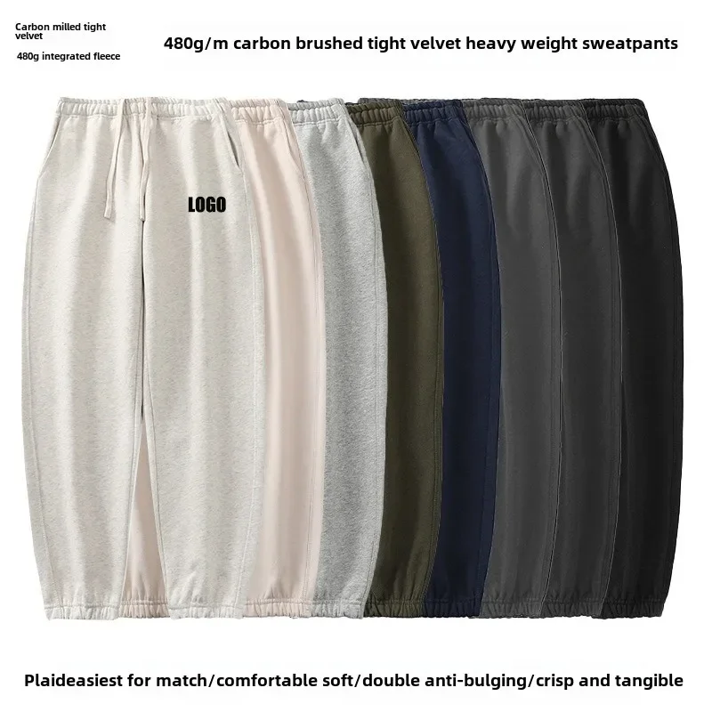 

Custom LOGO men's women's fleece sweatpants 480g heavy couple casual combed cotton thickened tied feet straight sports trousers