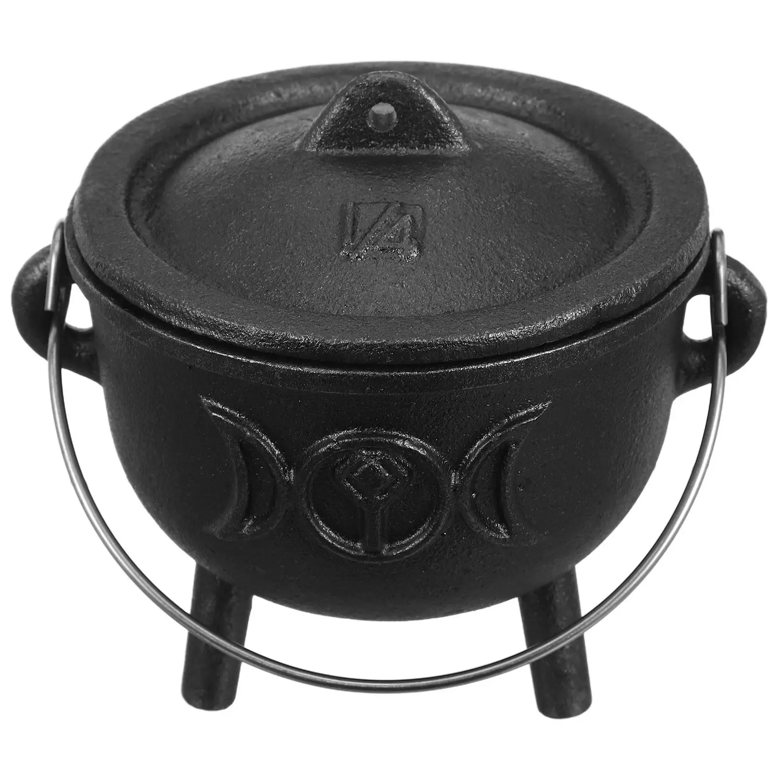 Cast Iron Triple Moon Witches Cauldron with Lid and Handle Sturdy Metal Ritual Jar Indoor Halloween Decoration Magical