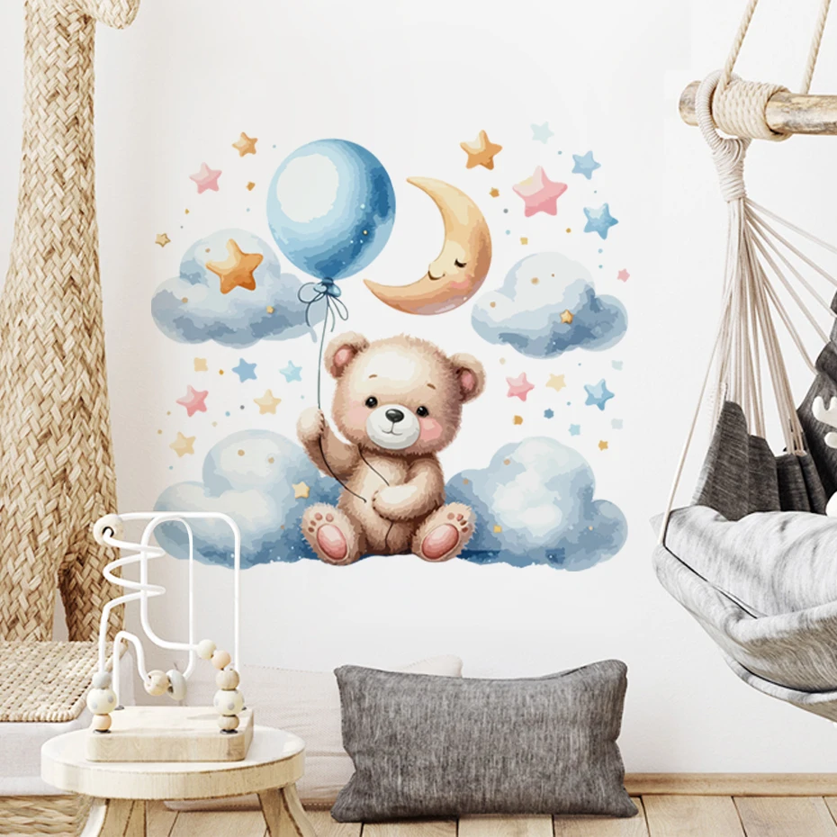 Watercolor Cartoon Teddy Bear Cloud Stars Balloon Wall Stickers for Kids Room Baby Room Decoration Wall Decals Room