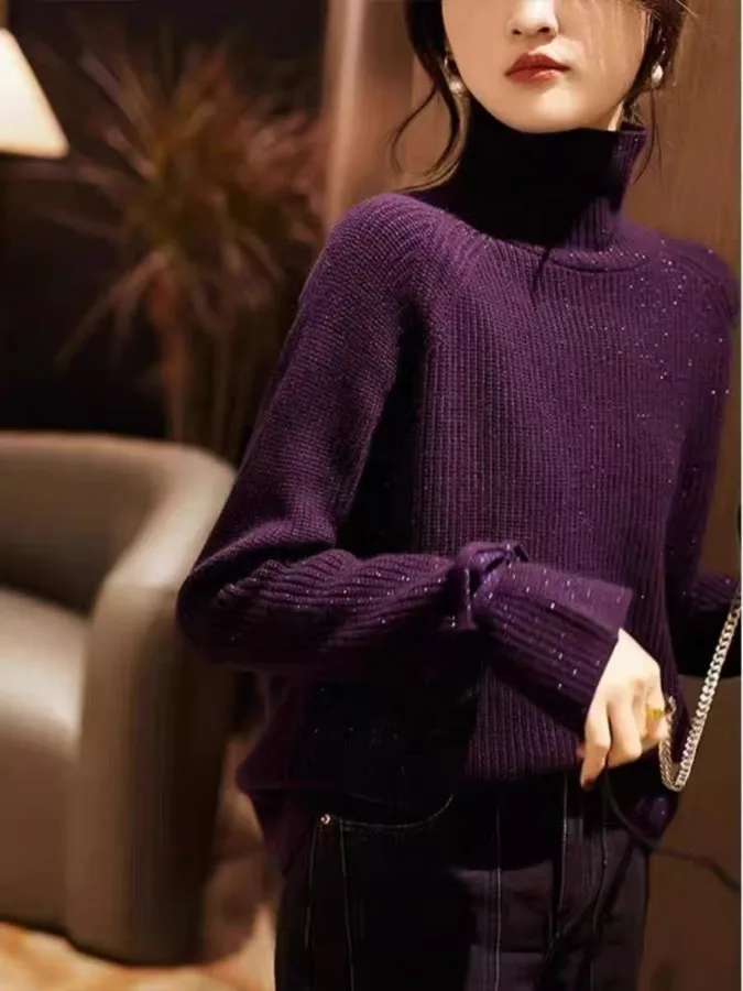 البومة تصميم الأرجواني عالية الياقة سترة المرأة ملابس داخلية قاعدة محبوك irt عادية Sle طويلة Sve الصوفية محبوك #4