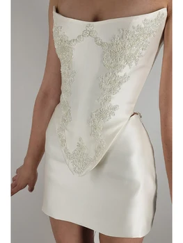 Mini robe de cocktail sans bretelles pour femmes, robe de soirée dos nu à lacets, satin ivoire, appliques de perles, sexy, 2 pièces