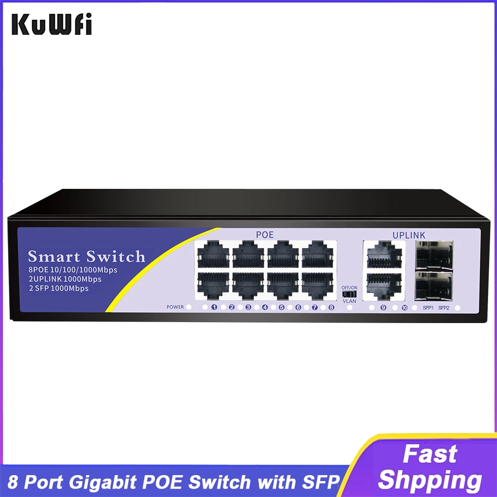 

KuWFi 8 Port Gigabit POE Switch 48V POE 10/100/1000Mbps Network Switch with Uplink SFP Port for CCTV IP Camera Wireless AP