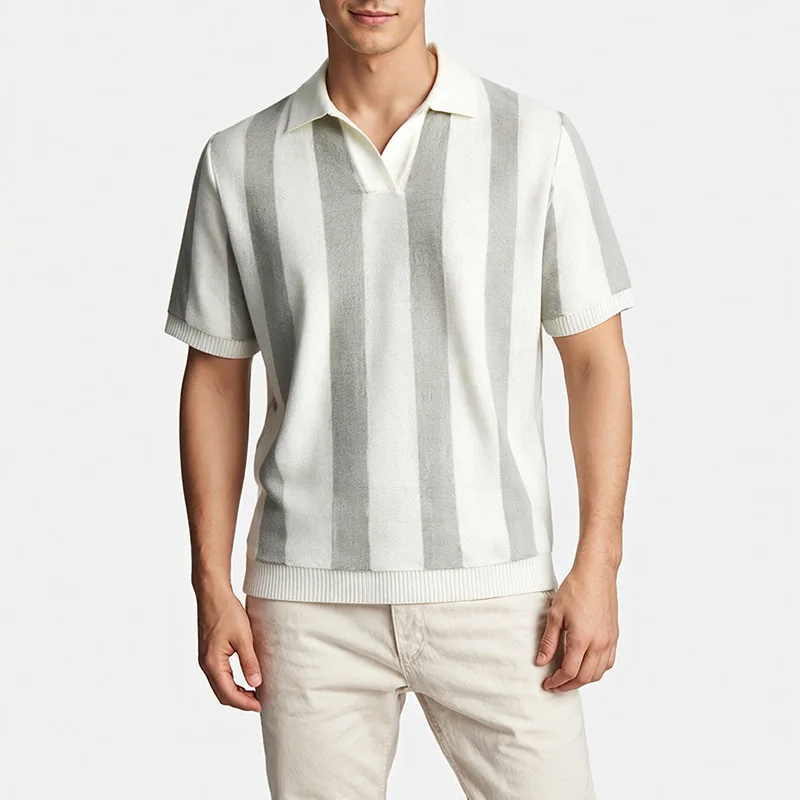 

Мужская летняя футболка-поло KEXU с 3D-эффектом, в стиле ретро, с коротким рукавом, повседневная, в полоску, вязаная