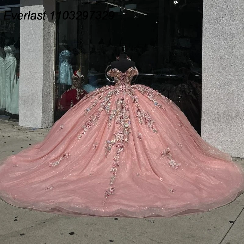 EVLAST Customized Pink Quinceanera Dress Ball Gown 3D Floral Applique Beaded Crystal Corset Sweet 16 Vestido De 15 Anos QD1031