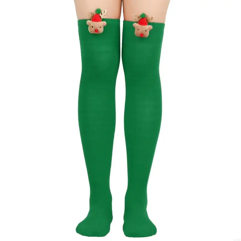 K1ME Women Holiday Thigh High Socks 3D Plush Reindeer Christmas Stripe Stockings