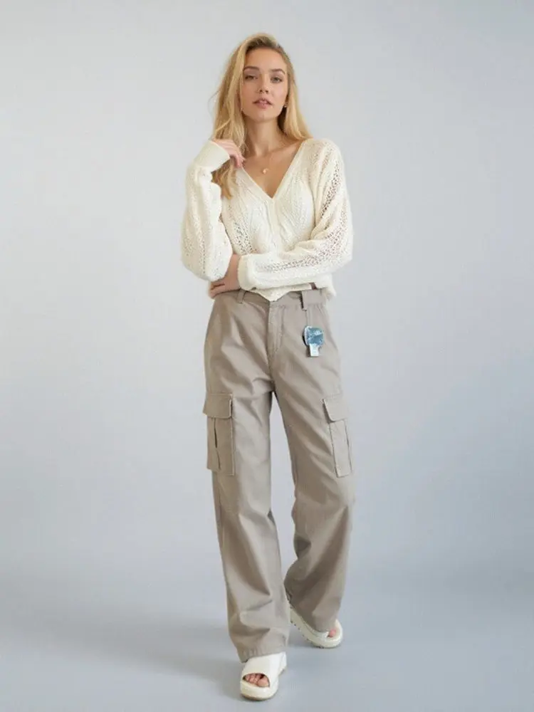 レディースカジュアルコットンカーゴパンツ 春秋 ルーズワイドレッグトラウザーズ ストリート スレ ジッパー L ウエスト ロングパンツ