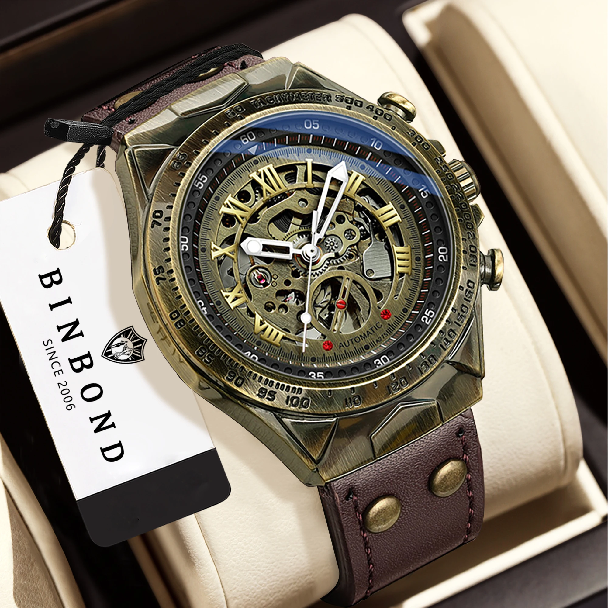 BINBOND Vintage Mechanical Wristwatch For Men Luminous Waterproof Automatic Tourbillon Luxury Men's Watches Reloj Hombre