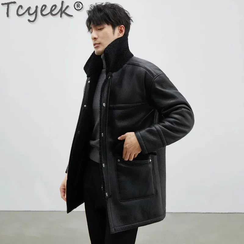 Tcyeek Natural Fur Coat Men Winter Men's Jacket Real Sheepskin Fur Jackets for Man Clothes Mid-length Wool Coats Streetwear 2025