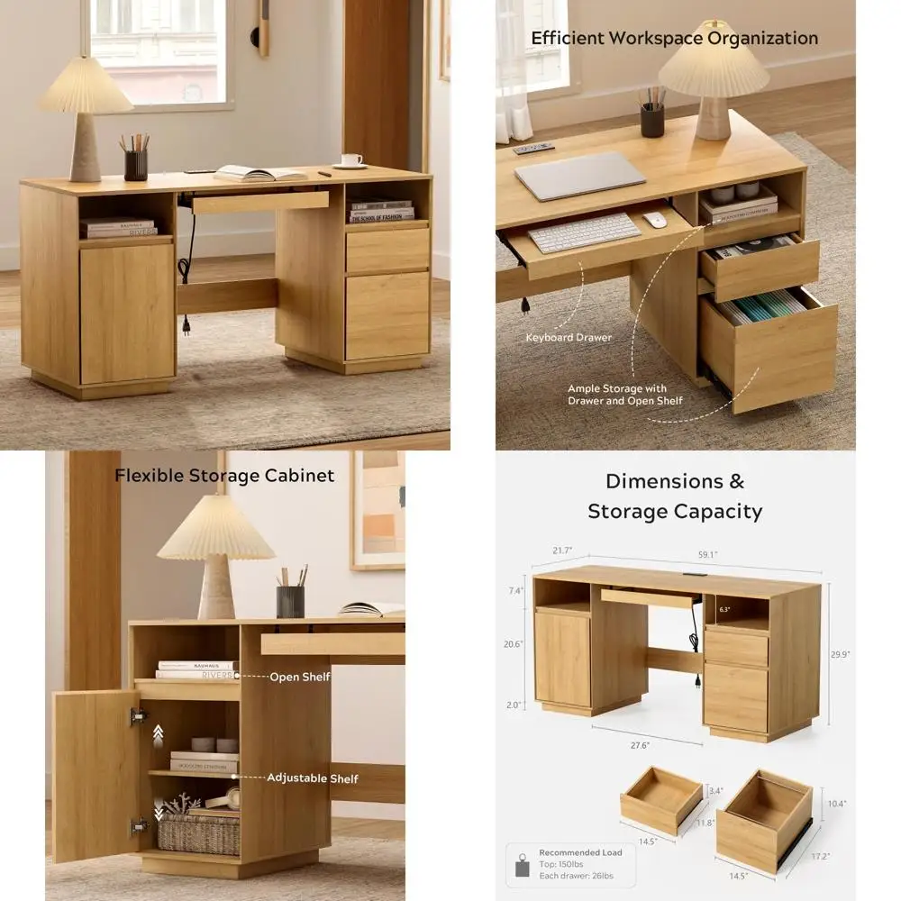 مكتب مكتب منزلي كبير على طراز المزرعة مع درج ملفات ومنفذ وخزانة تخزين وصينية لوحة المفاتيح لمساحة العمل التنفيذي #1