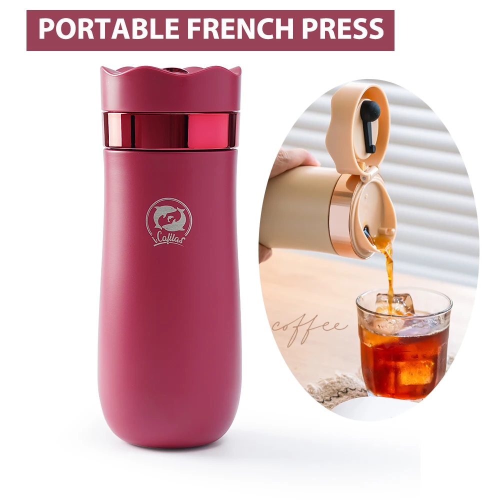 Portable coffee machine French press pot 12oz stainless steel travel camping outdoor 320ml coffee bottle to keep cool and hot