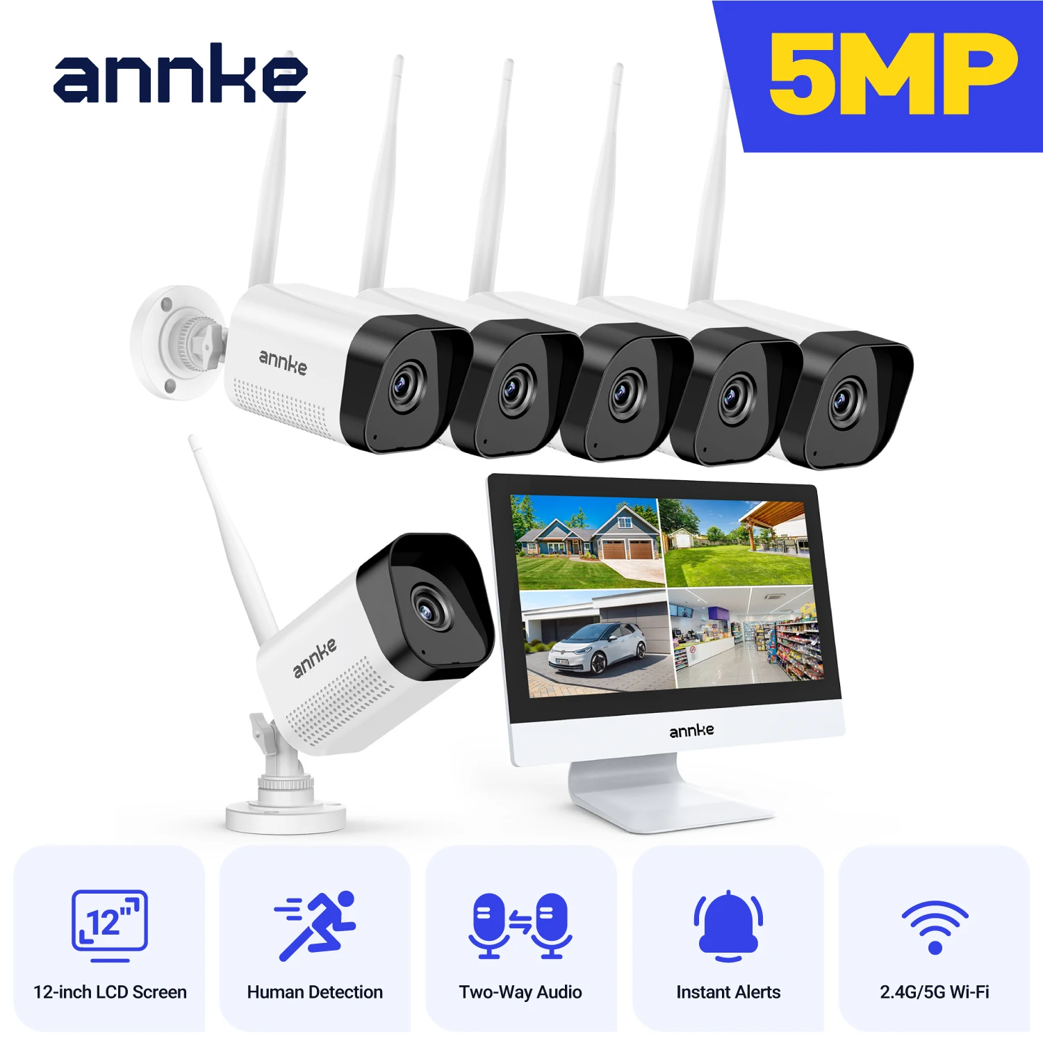 Annke 8MP wifi beveiligingscamera 12 in LCD 2.4G 5.8G 4k draadloos camerasysteem Tweerichtingsstem IR nachtzicht Outdoor wifi camera
