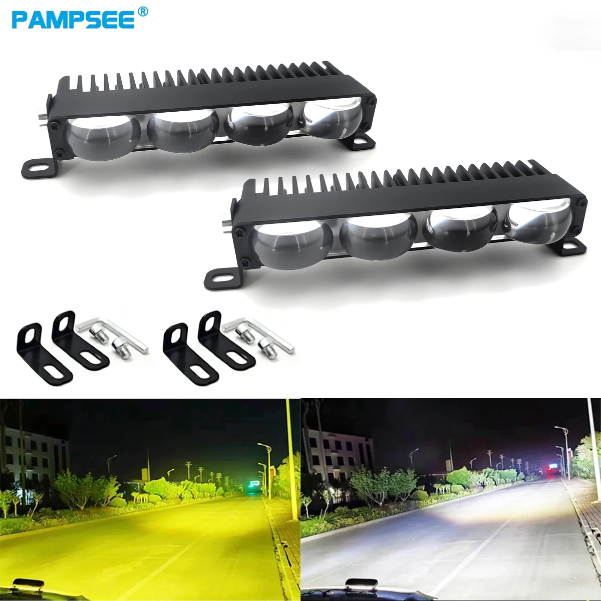 2Pcs Matrix Laser Headlight Car Grill Light Yellow White Dual Color LED Projector Lens Spotlight Work Light 6000K 9V-24V