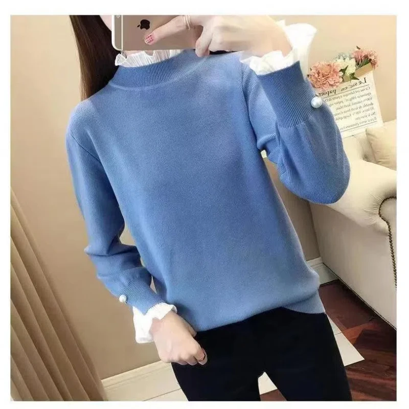 Autunno inverno pizzo moda tinta unita collo alto manica lunga abbigliamento donna pullover volant maglia fondo camicia top