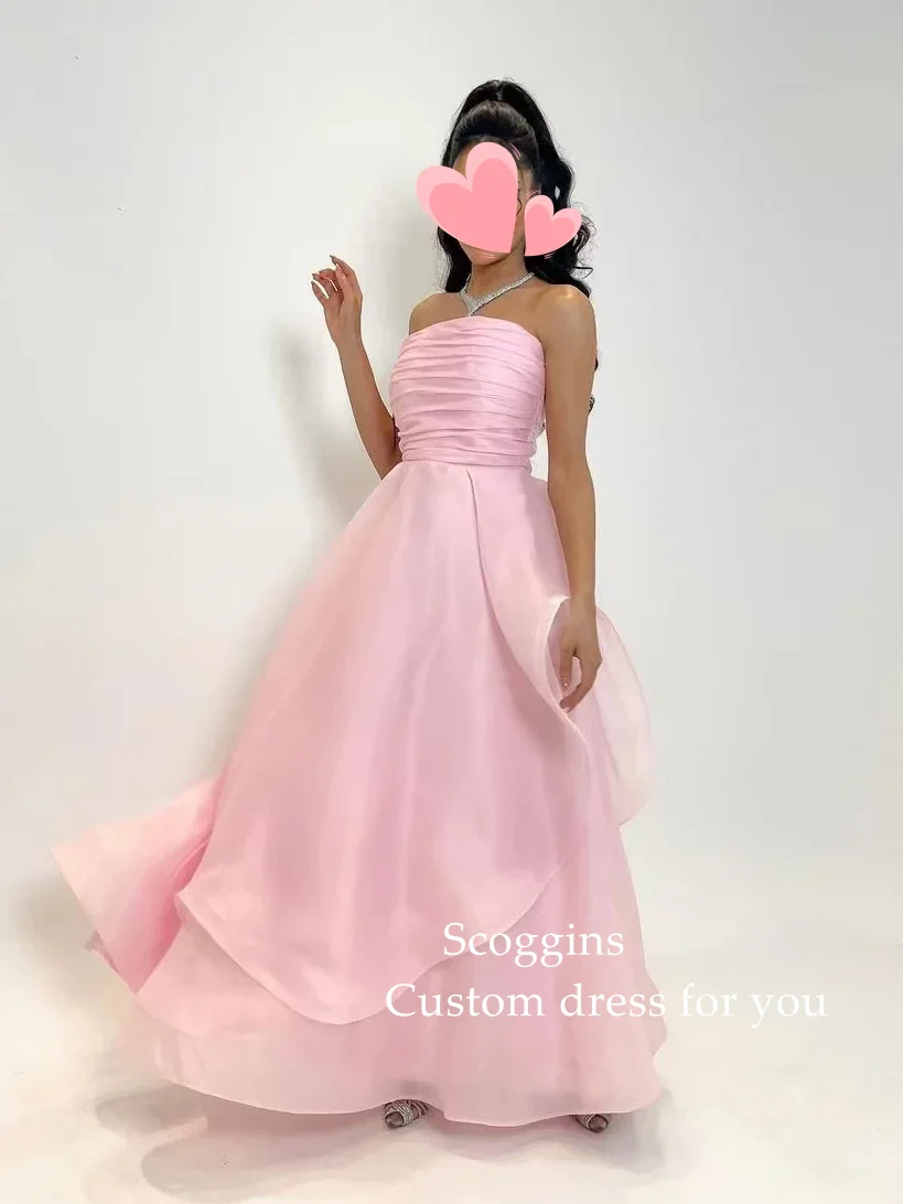 Scoggins Robes Bal De Promo wedding dress Pink Simple A-Line Ruffle Strapless Formal Occasion Prom Dress Evening Party Gowns