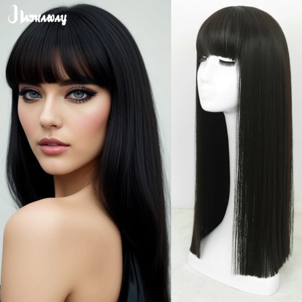 24 Inch Black Long Straight Female Synthetic Long Straight Hair Temperament Long Black Hair Cosplay Lolita Holiday Party Wear