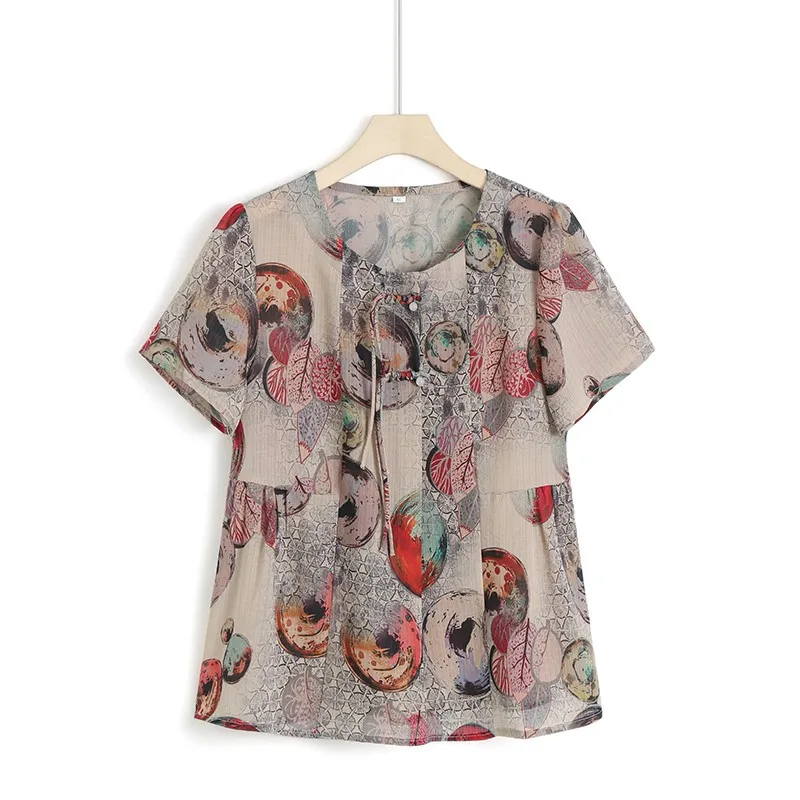 Summer Vintage Broken Flowers Blouse Commute Female Clothing Folk Casual Round Neck Short sleeved Shirt