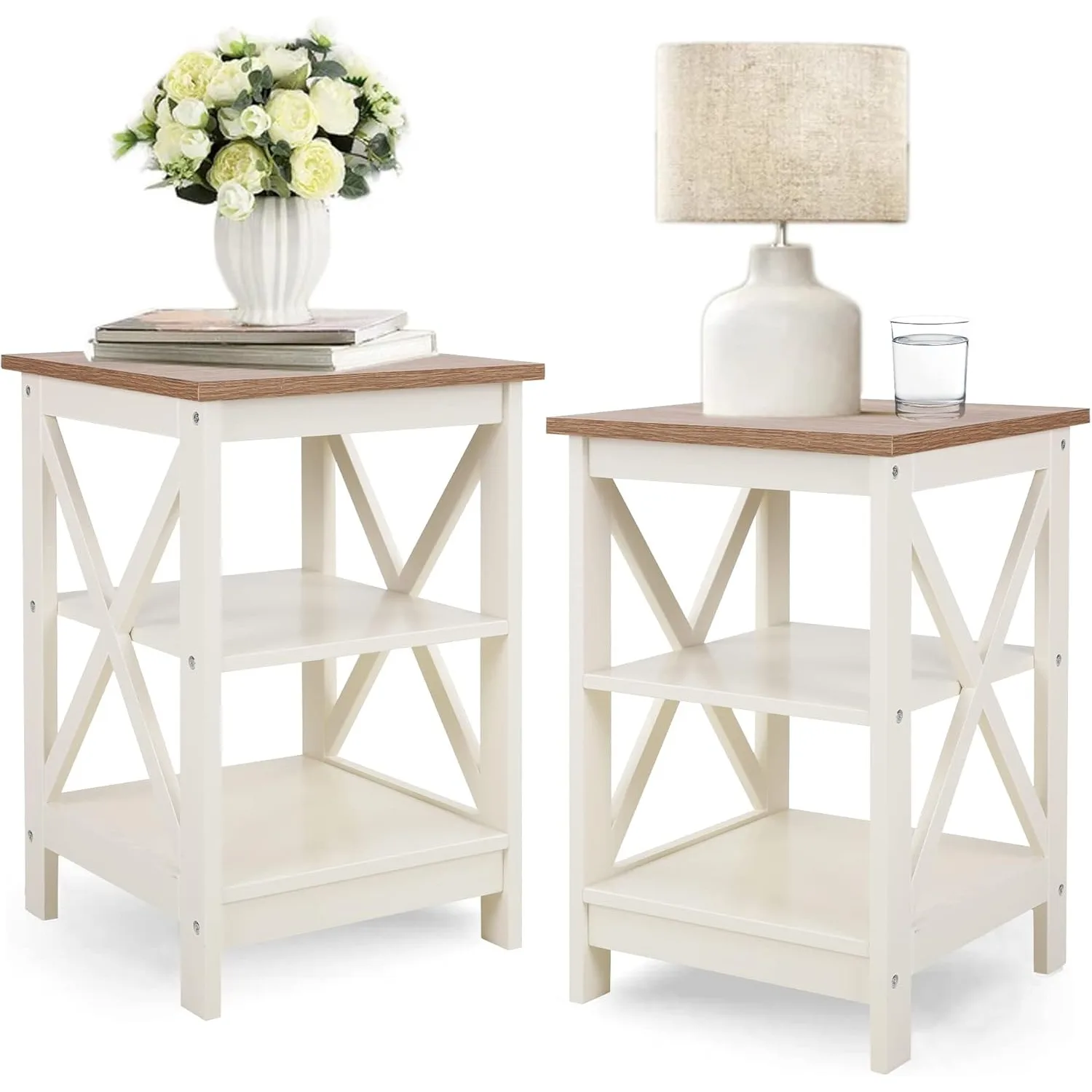 End Table Living Room Set of 2 - Farmhouse Bed Side Table Nightstands for Bedroom, Ivory White Small Side Table