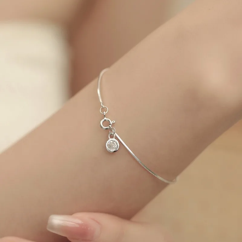 Slender Charm 925 Sterling Silver Single Zircon Snake Chain Bracelet for Woman Girls Designer Jewelry Accessories Colorfast Gift