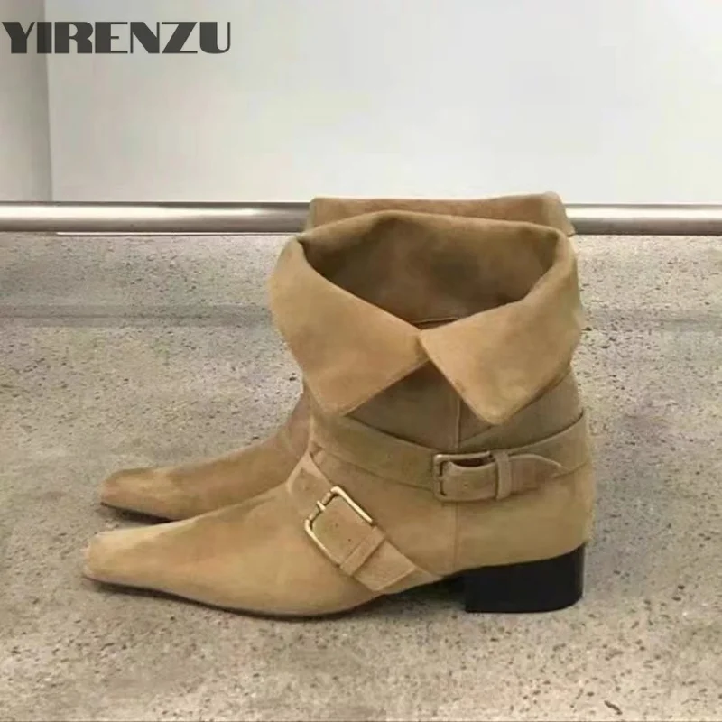 new fashion design khaki suede leather buckle strap pointed toe boss boots punk style goth square heel women shoes