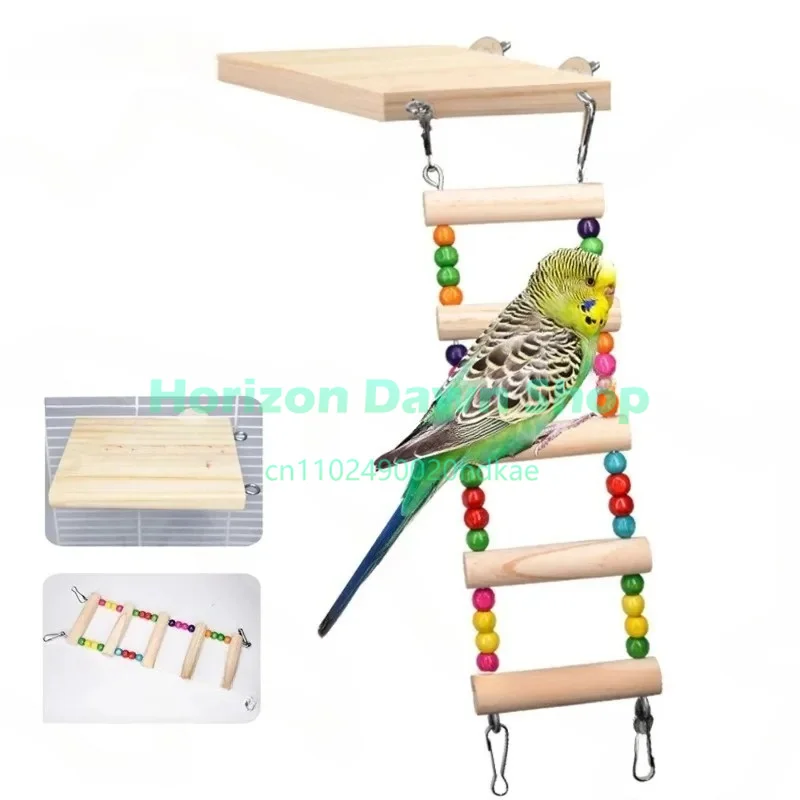 Wooden Parrot Hanging Ladder Bridge Toy Natural Wood Hamster Swing Climbing Supplies with Colorful Balls