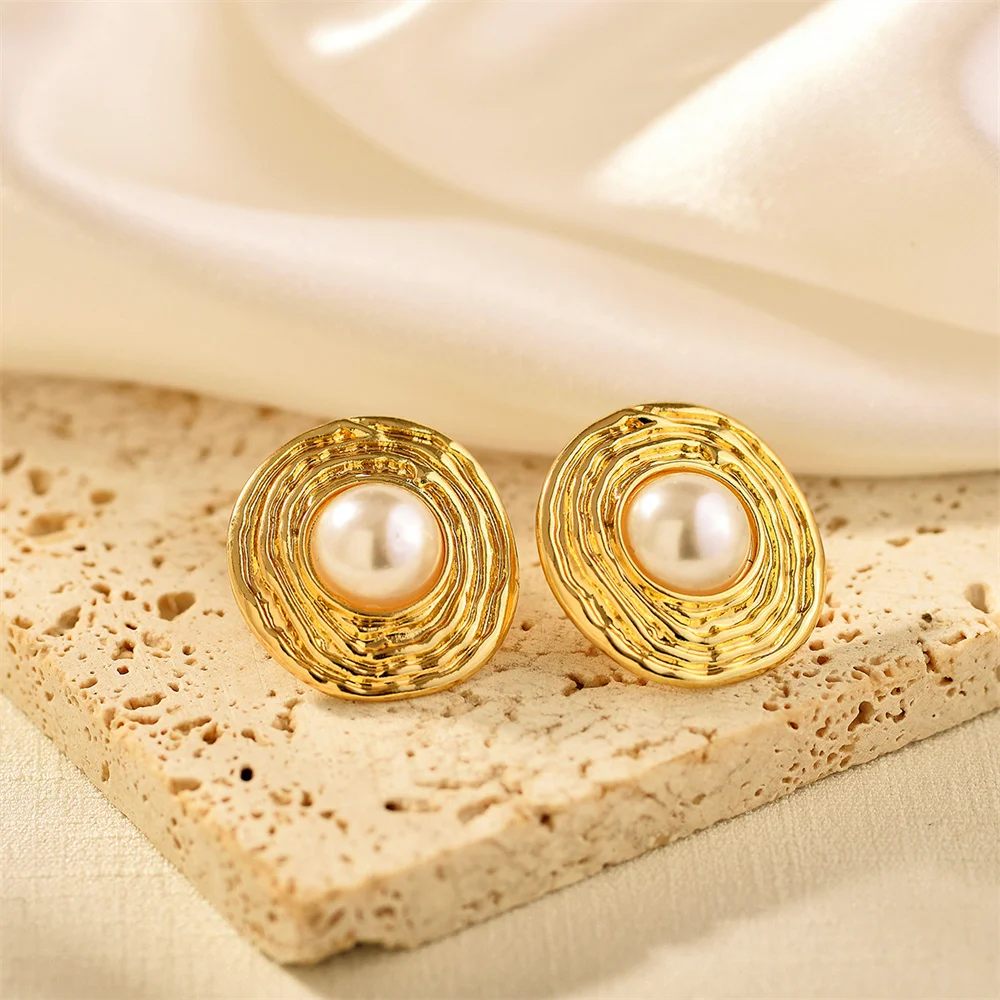 Retro Titanium Steel Earrings Gold Color Petal Shape Earrings Pearl Women\'s Drop Earrings Trendy Jewelry Accessories