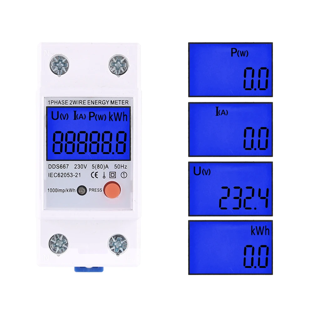 35mm Din Rail Single Phase 60/80A LCD Digital Display Power Consumption Energy Electric Meter kWh AC 220V230V 50Hz/60Hz DDS1108