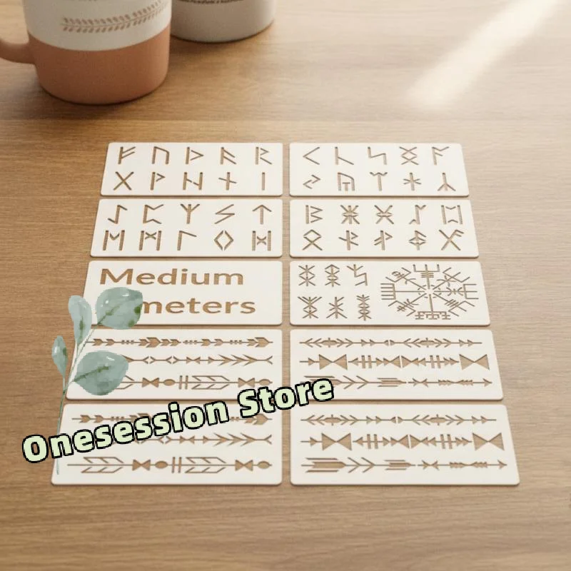 8Pcs Viking Rune Stencils Reusable PET Painting Templates Norse Symbol Arrow Border DIY Wall Wood Fabric Journal Craft Decor