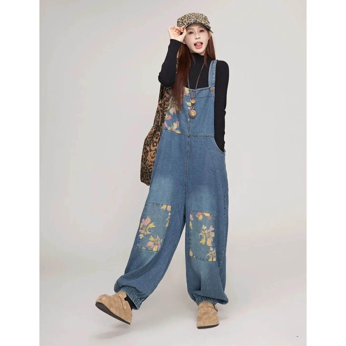 

Retro Printed Denim Overalls Women's Spring Autumn New Korean Retro Straps Suspenders Loose Wide-leg Pants Female Jeans Jumpsuit