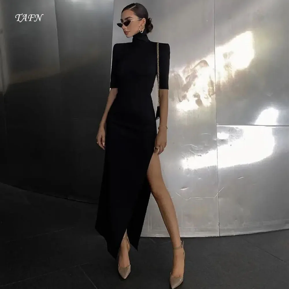 

TAFN Black Fashionable Evening Dresses High Collar Half Sleeves Prom Party Gown Simple High Slit Elegant robes de soirée