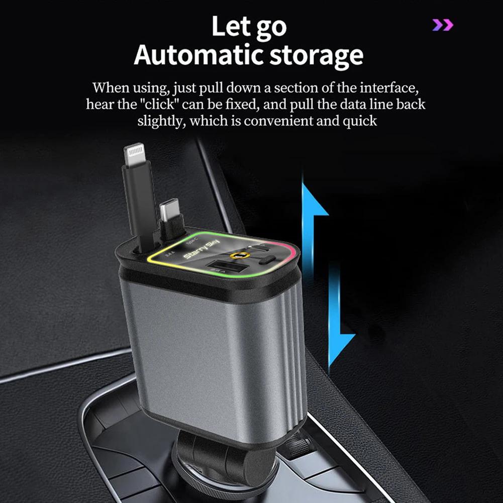 

4 In 1 Retractable Car Charger With Starlight In Car Roof, 120W Car Charger USB C Fast Charging Adapter & Dual Charge Ports