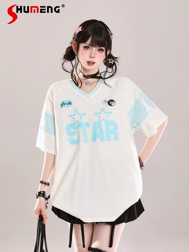 

Korean Retro Sports Sweet Cool Girls Letter Printing T-shirt V-neck Short-sleeved Loose Versatile Casual Tops Tees Women Summer
