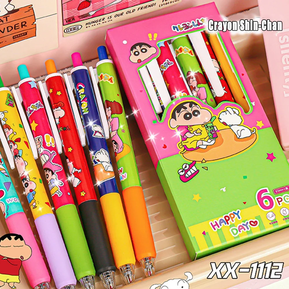 6Pcs/Set Kawaii Crayon Shin-Chan Gel Pens Set Cute 0. 5mm Black Pen Cartoon School Student Stationery Supplies Gift