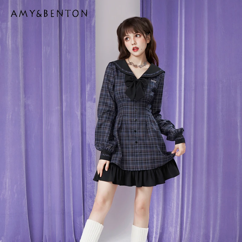 

2024 New Japanese Style JK Vestidos Summer Slimming Waist-Tight Sailor Collar Lantern Long Sleeves Plaid Dress Sweet Cool Female