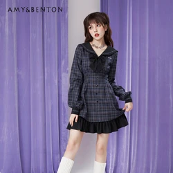 2024 New Japanese Style JK Vestidos Summer Slimming Waist-Tight Sailor Collar Lantern Long Sleeves Plaid Dress Sweet Cool Female