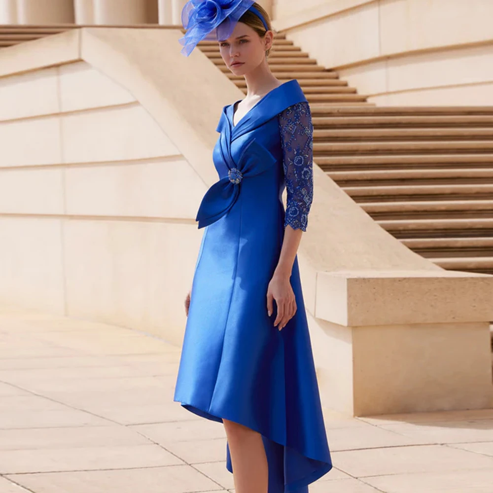 

Blue Satin Mother of The Bride Dresses Sheath V Neck Elegant Knee Length Three Quarter Sleeve Wedding Party Gowns فساتين السهرة