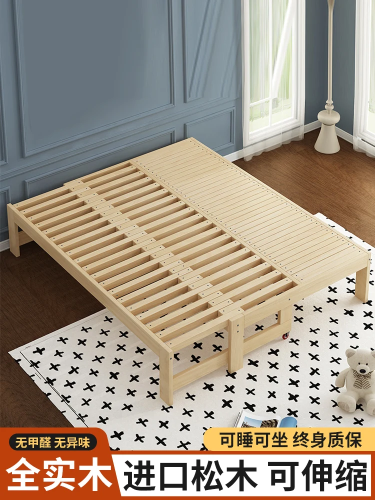 Solid wood retractable semi-pull-out bed living room small apartment tatami simple lunch break single folding dual-purpose sofa