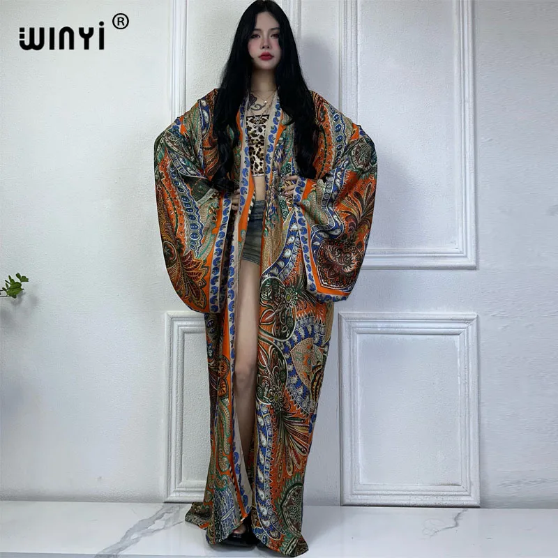 WINYI Classic bohemian beach cover up Swim Suit elegant African women boho Cardigan sexy Holiday long Sleeve Kimono beach dress