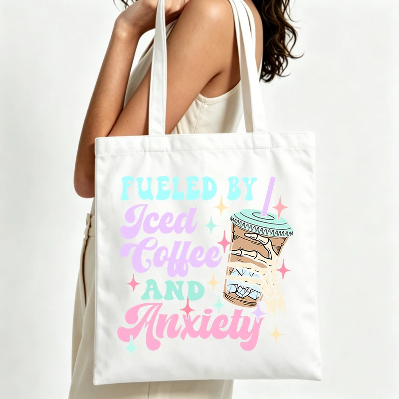 iced coffee graphic canvas tote bag with slogan print, ideal for casual daily use and summer outings