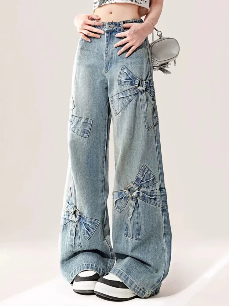 

ADAgirl Korean Bow Jeans Women Y2k Streetwear Casual Baggy Straight Wide Leg Denim Pants Harajuku Retro High Waist Mujer Trouser