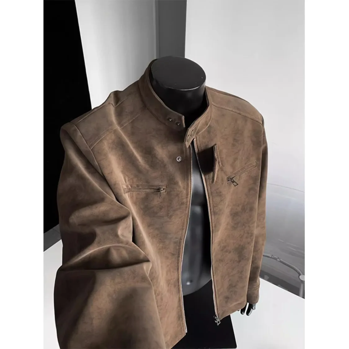 

American Retro ort Padded oulder Harrington Jaet Men's Oversize Haome Stand Collar PU Leather Flight Baseball orm