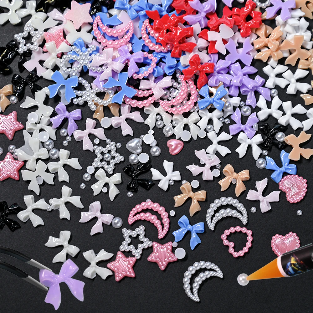 12Grids/box Mixed Resin Bowknot Nail Art Decorations 3D Kawaii Colorful Bow Rhinestone Acrylic Nail Charms DIY Manicure Tools