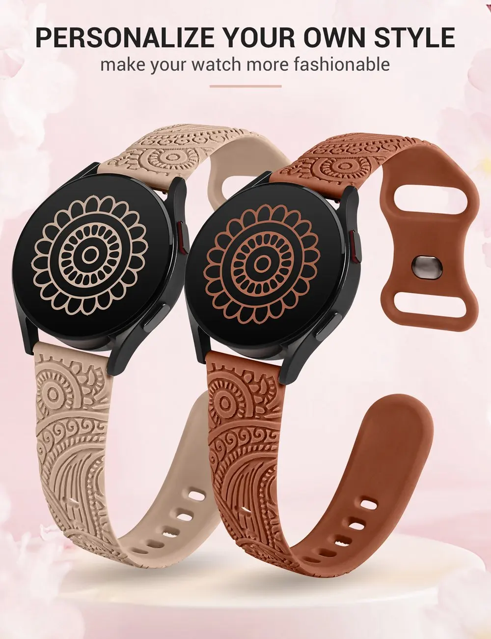 Wearlizer 20mm Floral Engraved Band for Samsung Galaxy Watch 6/5/4 40mm 44mm Silicone Sport Strap for Watch 6 Classic/Active 2