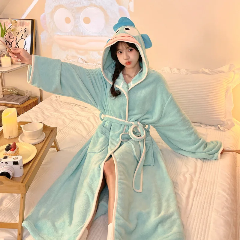 Sanrio My Melody Kuromi Cinnamoroll Pom Pom Purin Thickened Cute Cartoon Sleeprobe Hooded Bathrobe Women New Trend Coral Flannel