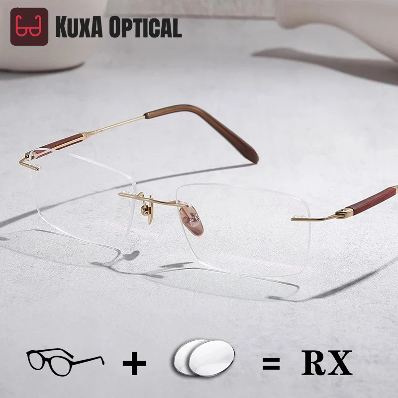 

KUXA мужские безрамочные очки из чистого титана, элитные прогрессивные линзы из палисандра 1,61 1,67 по рецепту, близорукость, чтение глаз
