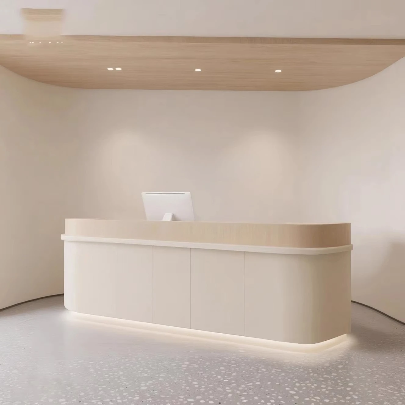 

&c Modern Cream Reception Desk Solid Wood Beauty Salon Company Front Desk with Simple Curved Cashier
