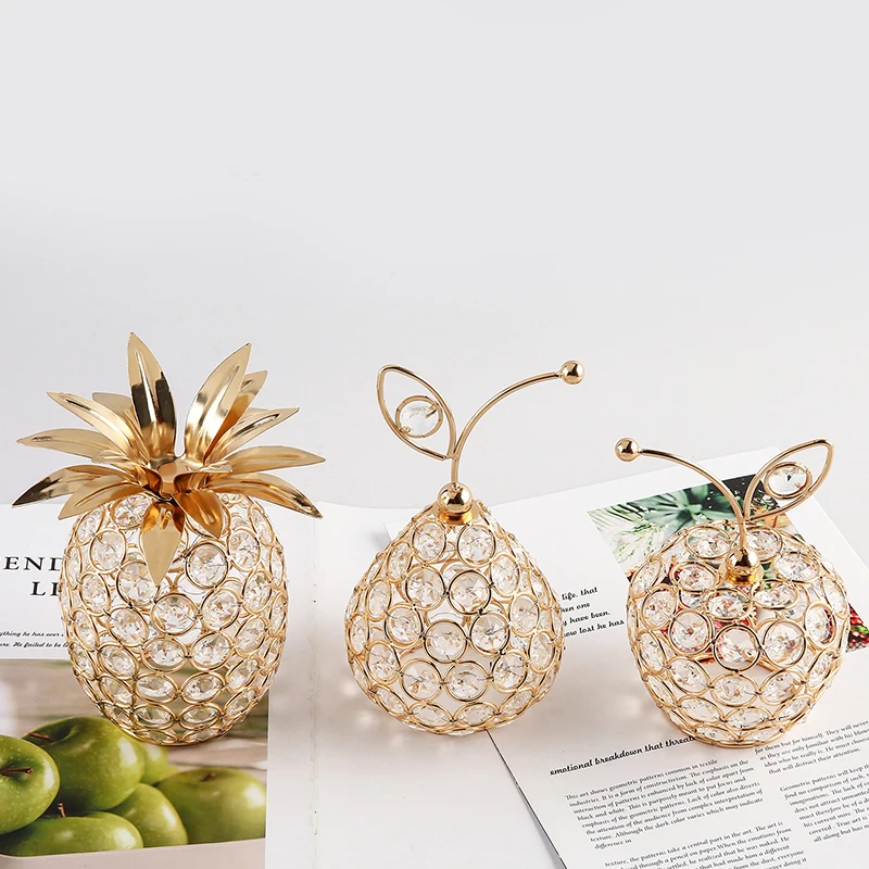 Gold Bling Rhinestone Pineapple Apple Pear Miniatures Creative Crystal Fruit Ornaments Artificial Fruit Figurine Tabletop Decor