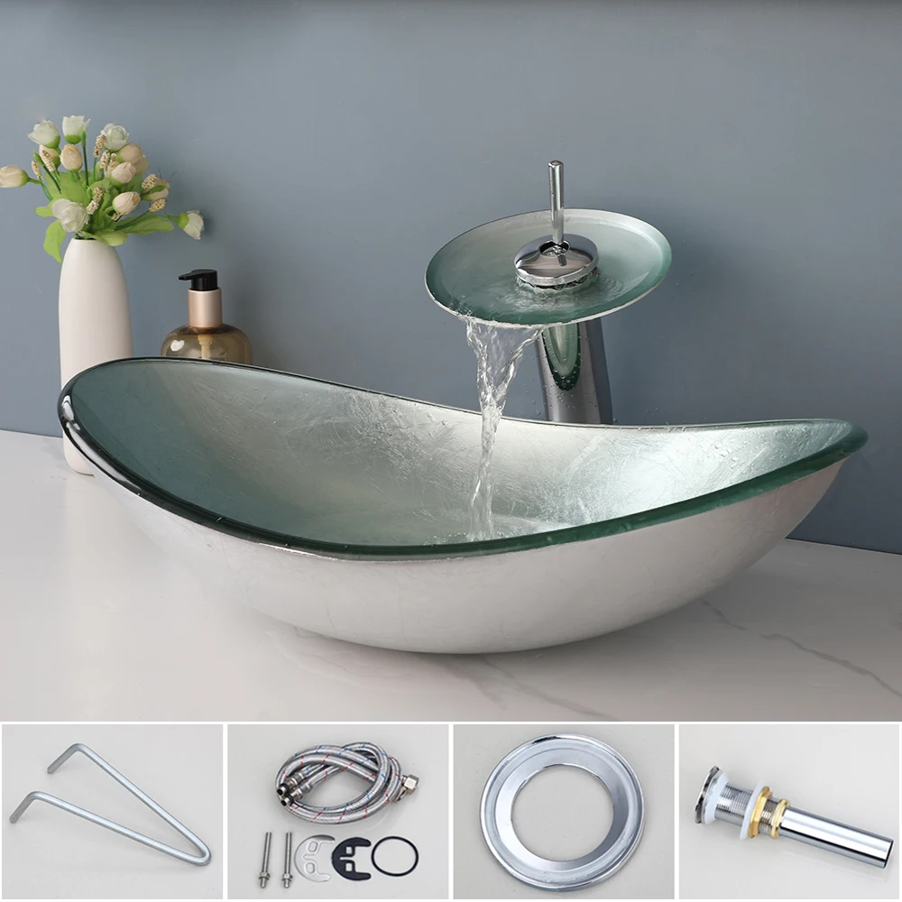 YANKSMART Silver Art Oval Bowl Bathroom Tempered Glass Sink Faucet Washbasin Bath Vanity Mixer Water Tap Set W/ Pop-up Drain