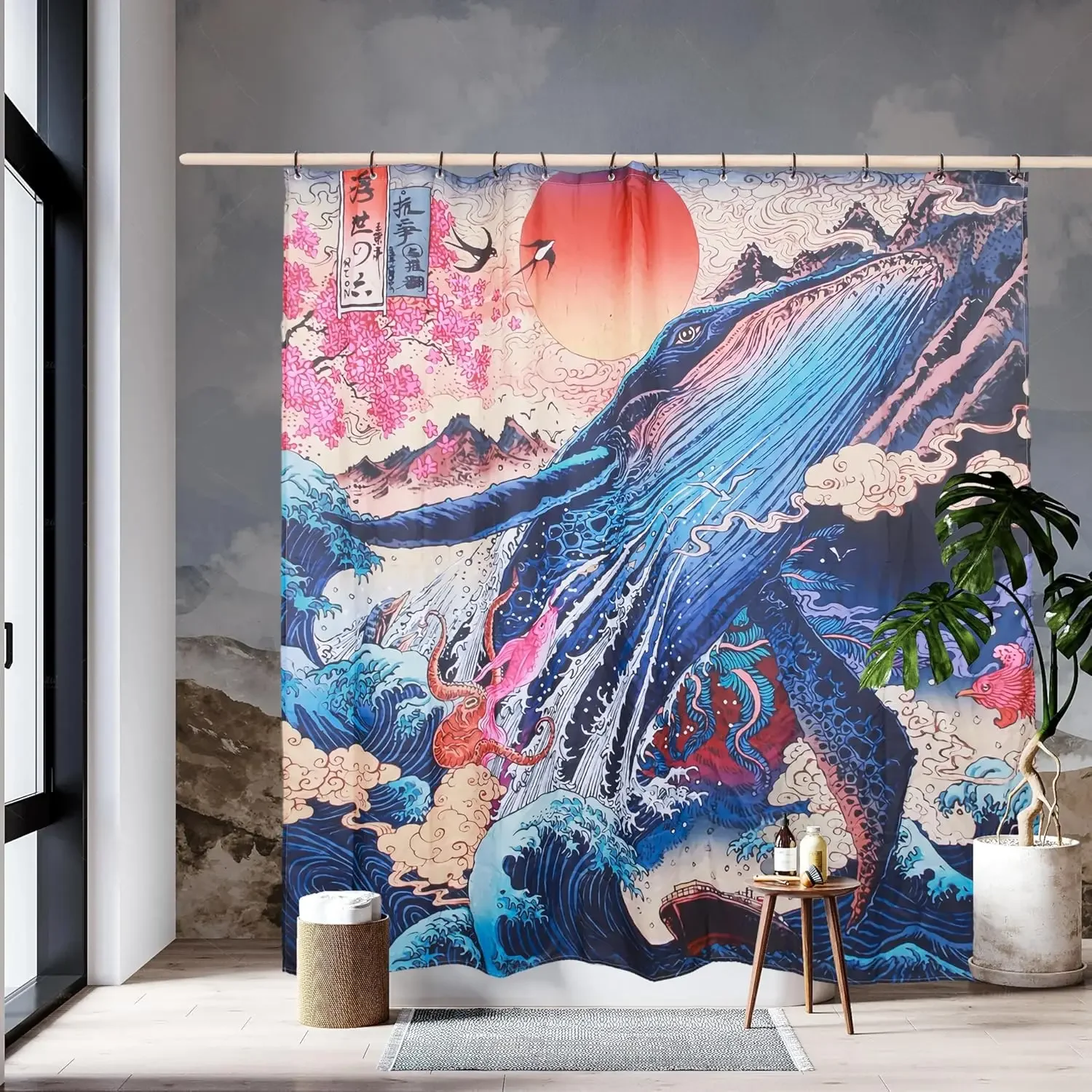 

Занавеска для душа Majestic Whale Breakthrough-Ocean Art с фоном гор, уникальная декоративная занавеска для душа для ванной комнаты